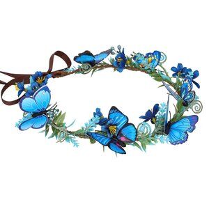 Handmade Blue Flower Butterfly Crown Fantasy Fairy Elf Headpiece Costume Accesso